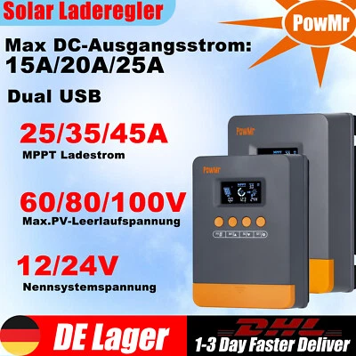 PowMr Solar Laderegler 100% MPPT 25A/35A/45A Regeler 12/24V Dual USB Max PV 100V