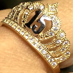 GOLd 14k ring Crown 15 Quinceanera Anos solid cz gift oro size 7 ask 5 6 8 9 - Picture 1 of 12