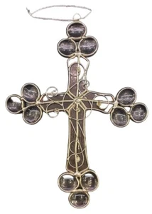 Vtg Stained Glass Cross Sun Catcher Lavender Glass Silver  Trim 7.75" Religious - Picture 1 of 10