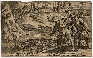 Antique Master Print-HUNTING-CROCODILE-NILE-BOAR-LURE-Tempesta-1602 - Picture 1 of 1