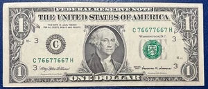 1999 One Dollar Federal Reserve Note FANCY SERIAL NUMBER 76677667 UNC #77660 - Picture 1 of 2