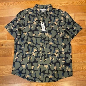 Munsingwear Penguin Mens Button Down Camo Shirt Dusty Olive Short Sleeve L NWT - Picture 1 of 6