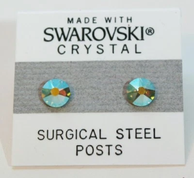 Gold Blue Round Stud Earrings 6mm Shimmer Crystal Made with Swarovski Element AB - Image 1 of 2