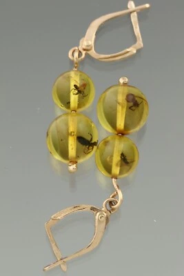Pendientes de cuentas redondas genuinos ámbar báltico oro 14k insectos fósiles 2,8 g 200819-4 Foto 1 de 4