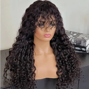 Water Wave Wigs with Bangs Brazilian Remy Hair Scalp Top Full Machine Made Wig - Picture 1 of 10