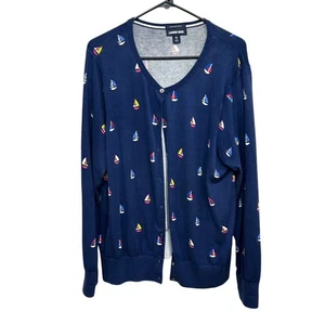 Lands’ End XL Cardigan Sweater Navy Blue Sailboat Print Coastal Preppy Cotton - Picture 1 of 8
