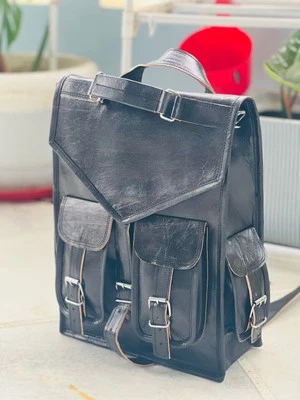 15" Black Leather Goat Genuine Vintage Messenger Updated Bag Backpack Rucksack - Image 1 of 4