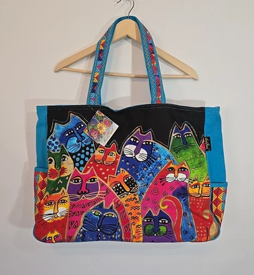 Laurel Burch Large Blue Tote Bag Canvas Cats 19" W x 15" H x 5.25" D - Image 1 of 4