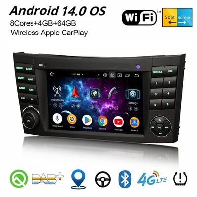 64GB Android 14 DAB+ Autoradio CarPlay Navi Wifi Mercedes CLS/E-Klasse W211 W219 - Bild 1 von 4