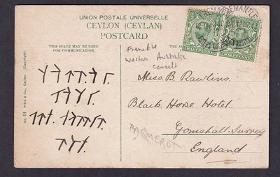 GB KGV 1912 Ceilán PC 1/2d par Freemantle Australia cancela - Paquebot Foto 1 de 2