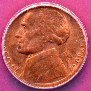 1980-P JEFFERSON NICKEL STRUCK ON CENT PLANCHET ERROR! ANACS MS-62 RB - Picture 1 of 3