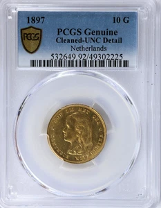 1897 Niederlande 10 Gulden Wilhelmina Perlen Boarder Goldmünze PCGS Original UNC - Bild 1 von 3