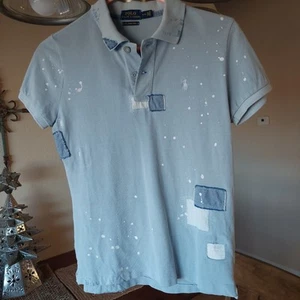 POLO Ralph Lauren Women Sz M Skinny Fit Patchwork Embroidery Lt Blue EUC HTF - Picture 1 of 13