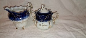 Antique Creamer & Sugar Bowl-Blue Flow Made in Germany Souvenir of Des Moines IA