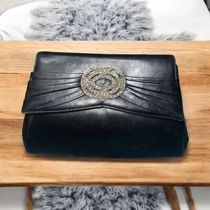 Susan Gail Clutch Vintage 80s Black Handbag Calfskin Leather Silver Pave Broach - Picture 1 of 10