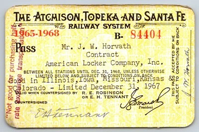 Atchison, Topeka and Santa Fe Railway System 1965-68 Yearly Train Pass #84404 - Image 1 of 2