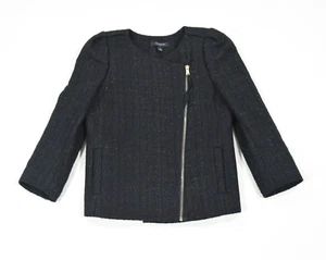 Ann Taylor Blazer 0 Schwarz Metallic Gold Wolle Tweed Asymmetrisch Reißverschluss Jacke - Bild 1 von 6