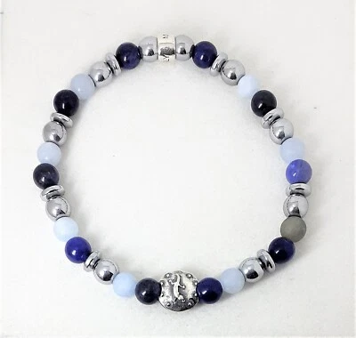 Bracciale Uomo Ananda 925 Elastico Con Pietre Blu E Celeste Chiaro A-ELBR007 - Immagine 1 di 3