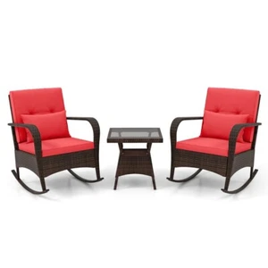 3PCS Patio Outdoor Rocking Chair Set Rattan With Tempered Glass Coffee Table - Picture 1 of 10