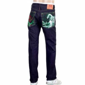 RMC Jeans bestickt grün Dragon and Tsunami Wave Denim Jeans REDM4457 - Bild 1 von 4