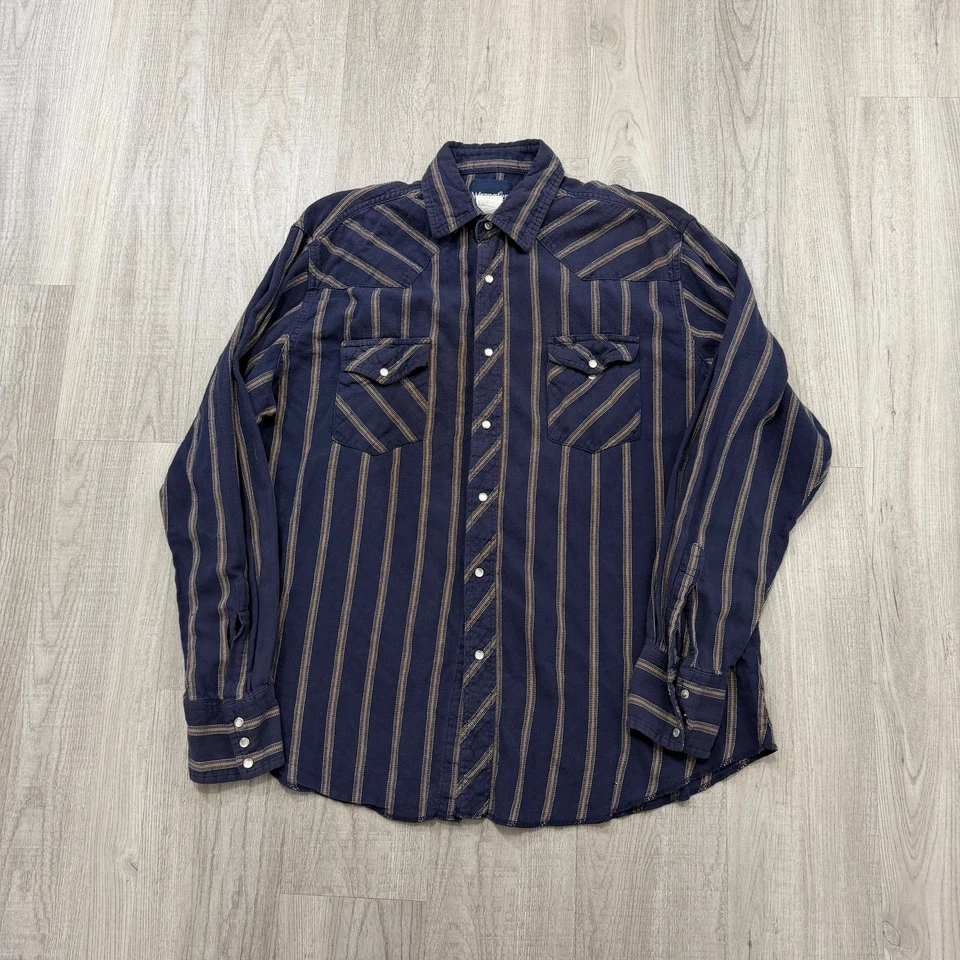 Vintage Wrangler Pearl Snap Shirt Men's XL Blue Striped Western 90s Cowboy Rodeo - Image 1 of 4