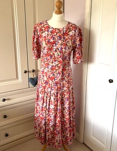 1980s Vintage Low Waist Floral Midi Dress Double Breasted Laced Back UK 10 - Picture 1 of 10