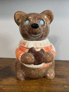 Vintage Bear Cookie Jar Ceramic Orange Shirt Blue Eyes  - Picture 1 of 12