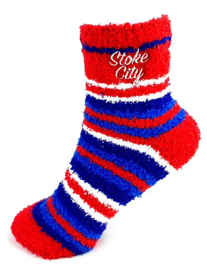 Calcetines difusos Stoke City Football Club rojos blancos y azules a rayas Foto 1 de 2