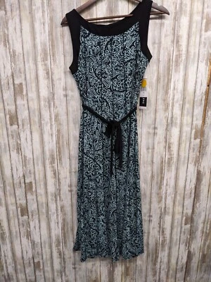 Nuevo con etiquetas Vestido midi Perceptions verde azulado negro elástico sin mangas con cinturón línea A mediano  Foto 1 de 4