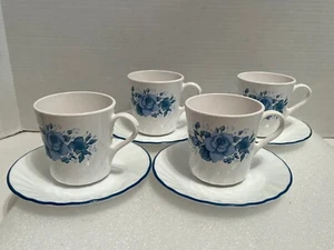 Blue Velvet Corelle Corning Set 4 Coffee Cups Mugs 4 saucers  Blue Roses Flowers - Picture 1 of 4