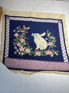 Finished Needlepoint Rabbit Bunny Flowers 15.5x14” - Picture 1 of 6