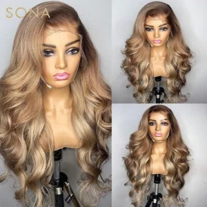 13x6 HD Lace Frontal Wig Ombre Honey Blonde Colored Human Hair with Brown Root - Picture 1 of 19