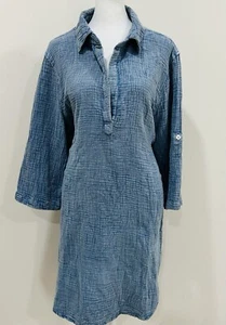NWT Elan Tunic Dress With Slip L Roll Tab Cotton Denim Like Chambray Blue Stripe - Picture 1 of 10