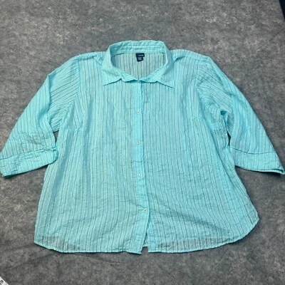 Basic Editions Shirt Womens Plus 3X Blue Striped Cotton Blend Button 3/4 Sleeve - Image 1 of 4