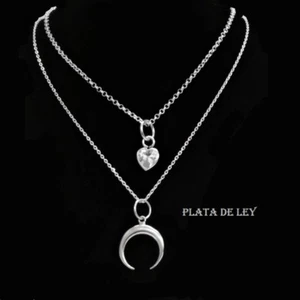 2 COLLARES COLGANTE LUNA Invertida y CORAZÓN . PLATA de LEY. Collar doble. Nuevo - Picture 1 of 3