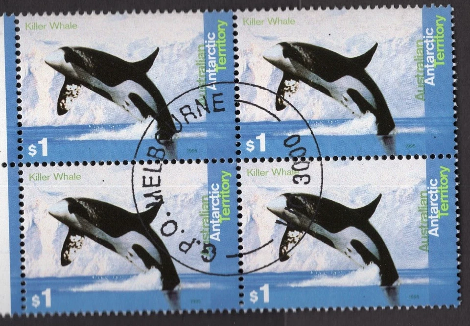 1995 AAT Antarctic Territory $1 Orca Killer Whale CTO Corner Block of 4 - Image 1 of 1