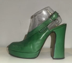 Vintage 70er 8,5 9 grün Leder Plateau Slingback Clogs Disco Schuhe Italien Italienisch - Bild 1 von 6