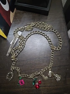 NWT Original BETSEY JOHNSON Dangling Charms Chain Belt Size M/L Heart Cherries - Picture 1 of 8