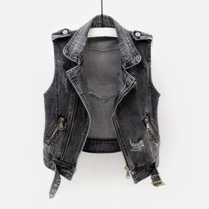 Lady Denim Coat Waistcoat Jacket Tops Ripped Sleeveless Biker Punk Zip Casual - Picture 1 of 7