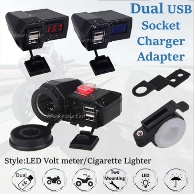 Waterproof Motorcycle Dual USB Charger Ports Mirror Mount Lighter / Volt Meter - Image 1 of 4