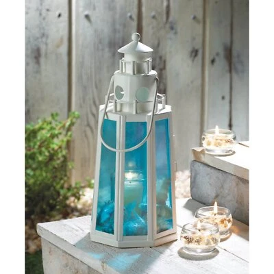 Brilliant�Ocean Blue Glass Iron Nautical�Lighthouse Candleholder Lamp Home Decor - Image 1 of 2