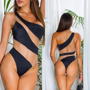 Sexy Ladies One Shoulder Swimsuit With Mesh Fabric Black Beige #BI872 - Picture 1 of 50