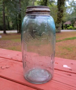 Vintage Mason’s Patent Nov 30th 1858 Aqua Jar Zinc Lid Bubble Bottom - Picture 1 of 10