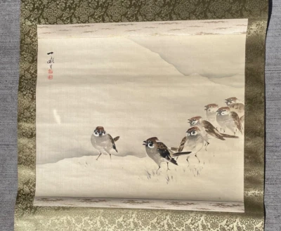 Pintura original de pergamino colgante con gorriones Araki Jippo japonés Foto 1 de 4