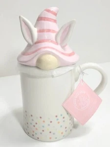Carrot Patch Cottage Coffee Mug with Pink Bunny Gnome Topper *New*Easter - Picture 1 of 5
