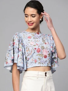 Women Top - Blue & Pink Floral Blouse Tunic Kurti Bollywood Indian Crop Top - Picture 1 of 6
