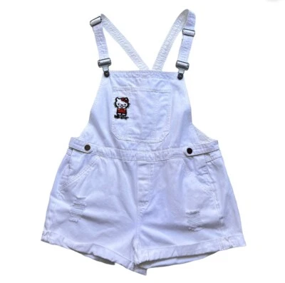 Macacão Bongo Denim Curto Romper Branco Tamanho 12 Alças de Tecido Bolsos - Imagem 1 de 4