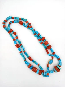 COLLANA LUNGA CORALLO E TURCHESE VERI CON CHIUSURA ARGENTO DORATO - PIETRE DURE - Foto 1 di 2