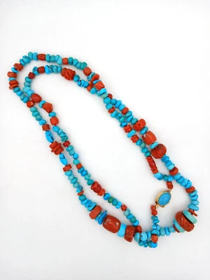 COLLANA LUNGA CORALLO E TURCHESE VERI CON CHIUSURA ARGENTO DORATO - PIETRE DURE - Immagine 1 di 2