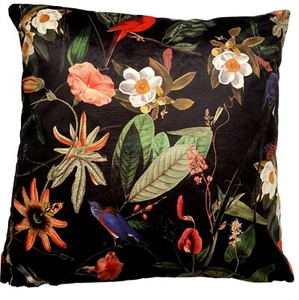 Black Cushion Cover Printed Velvet Passiflora Birds Floral Botanical 16-22" - Picture 1 of 4